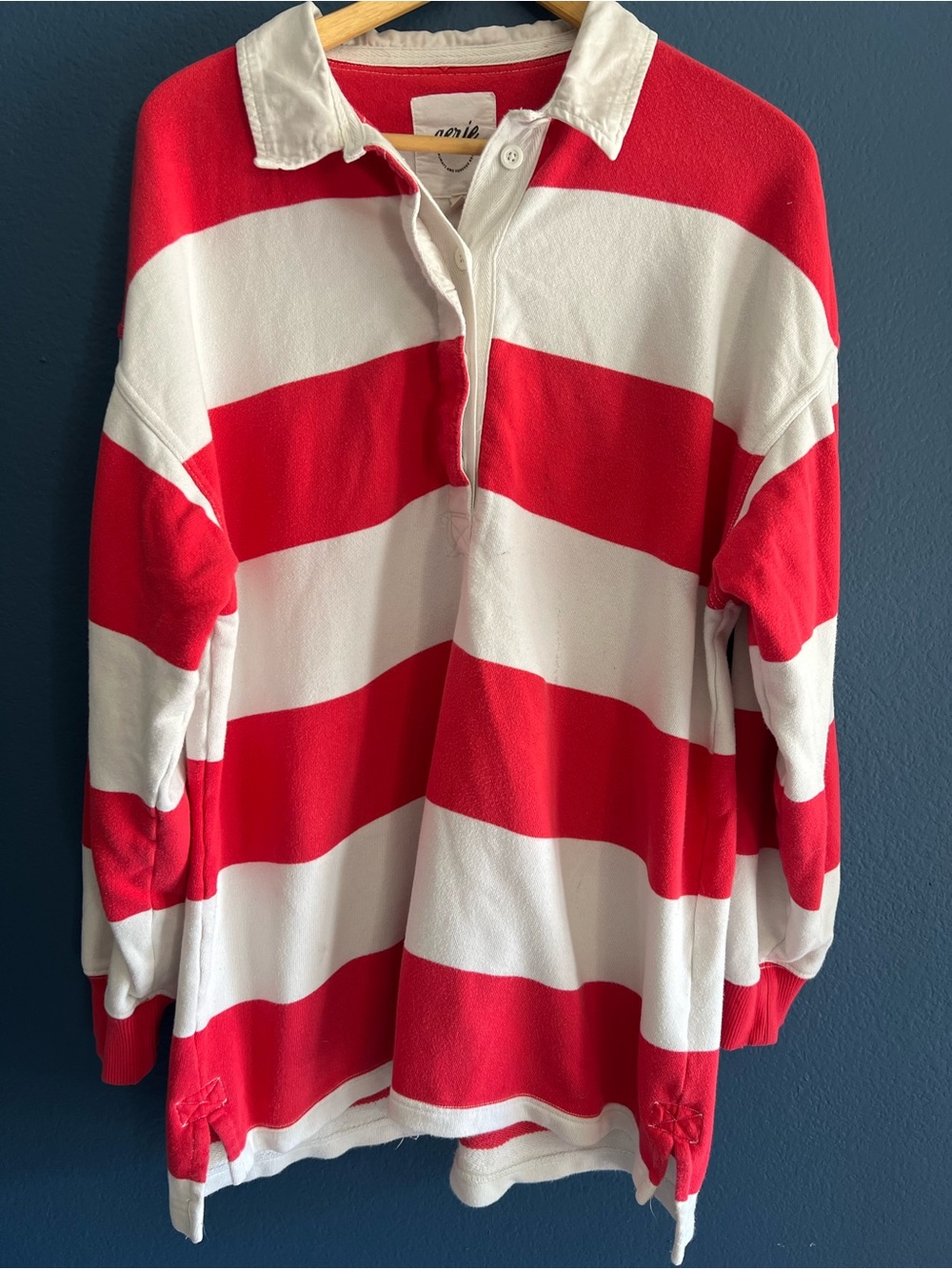 aerie Red and White Long Sleeve Striped Rugby Tee
